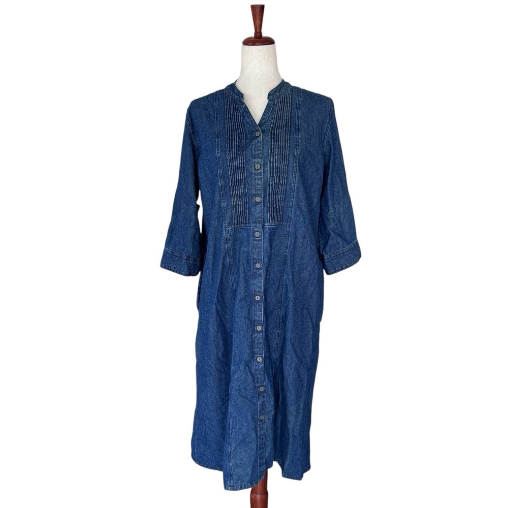 The Vermont Country Store Dress Size Large 100% Cotton Denim Pleated Cottagecore
